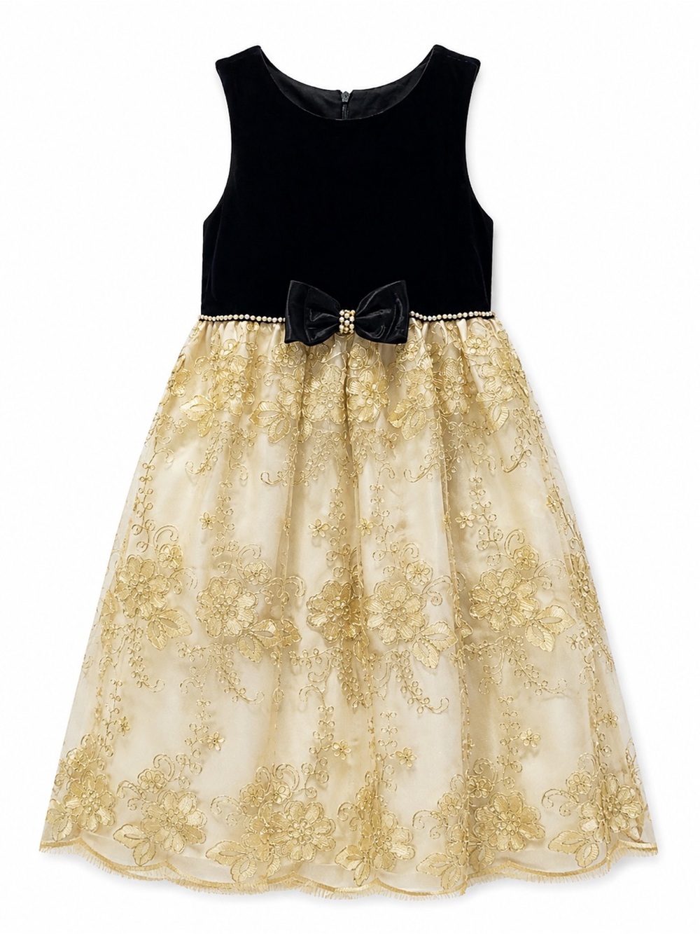 American Princess Black and Gold Velvet & Lace Formal Dress with Bow